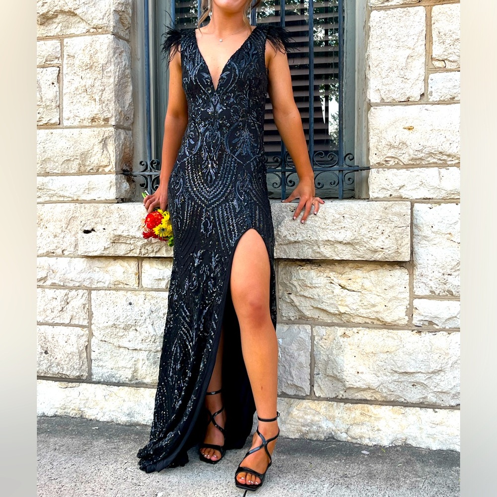 Elle Formal Sequin Feather Long Dress